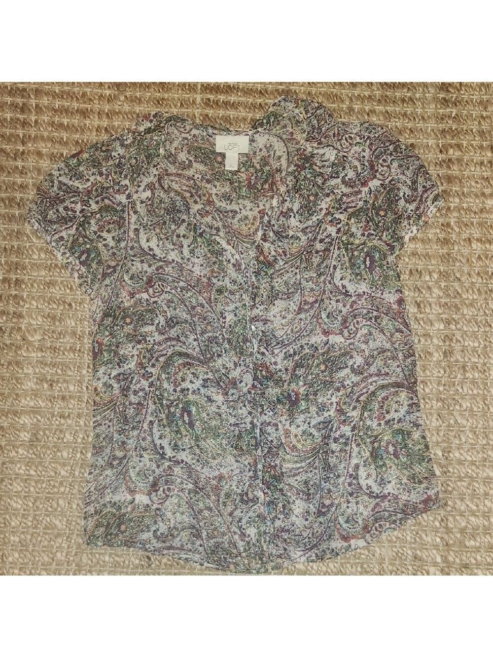 LOFT Paisley Sparkly Classic Lightweight Buttonup Shortsleeve XL Blouse
